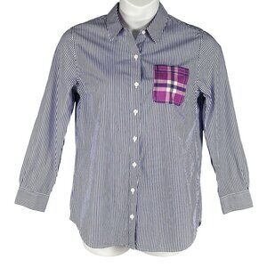 Vineyard Vines Womens 8 Relaxed Fit Purple Striped Button Up Shirt Plaid Pocket
